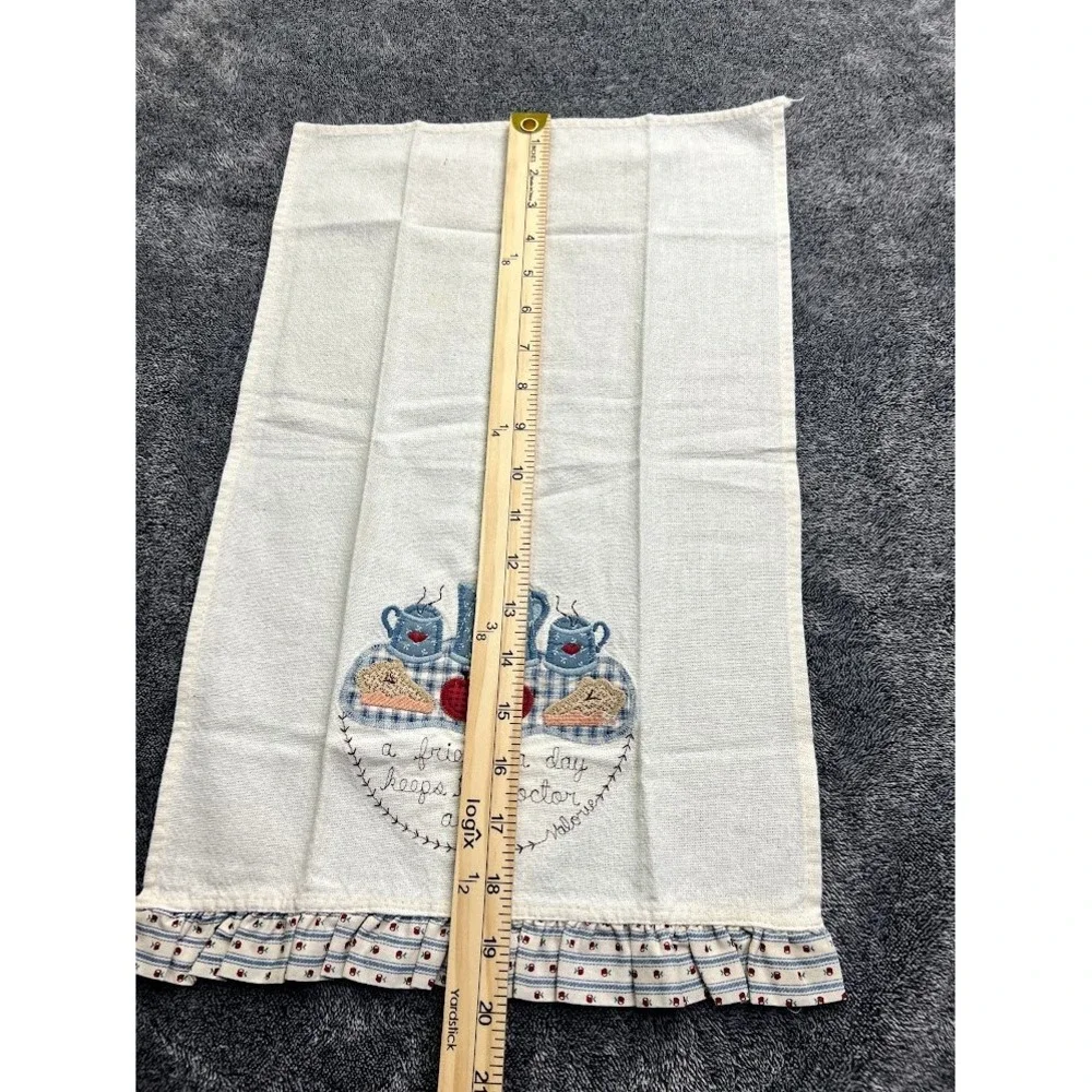 Vintage Valorie Embroidered Tea Time Kitchen Hand Towel Ruffle Hem Cream